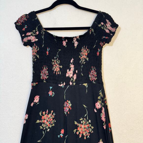 Express Y2K VTG Side Slit Maxi Dress Black Dark Pink Floral Smocked Bodice Small - Picture 6 of 9